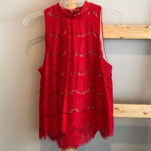 Red lace detail high neck top